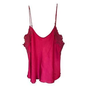 Free People Lace Crochet Camisole Red Pink V-Neck Silky Womens XS
